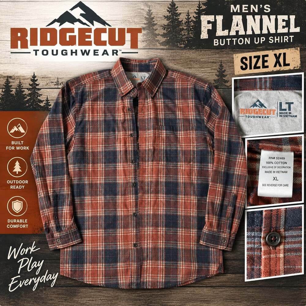 Ridgecut Toughwear Plaid Flannel Button Up Shirt Size LT Orange Blue